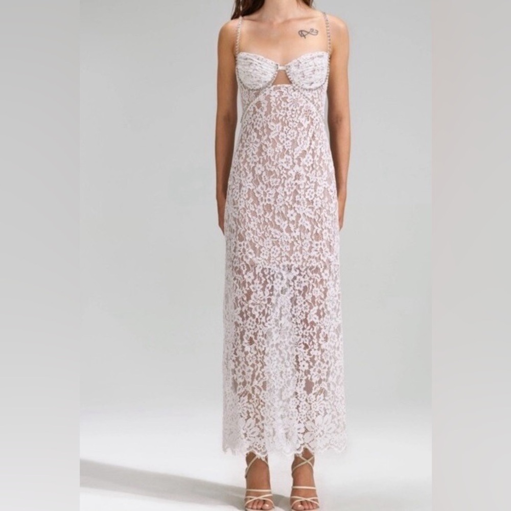 Self Portrait White Lace Rhinestone Embellished Shoulder Strap Long Dress NWOT